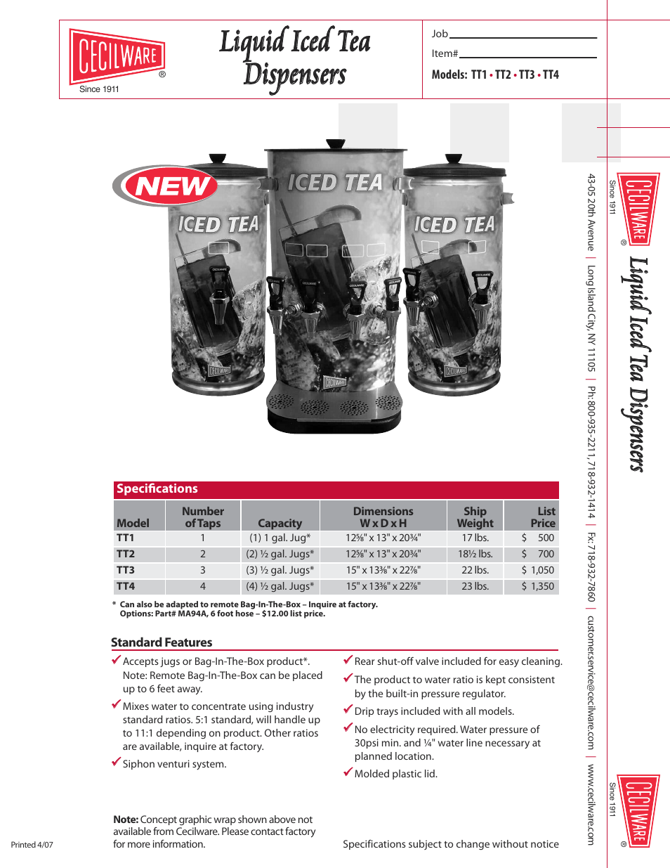 Cecilware Liquid Iced Tea Dispenser TT4 User Manual | 1 page