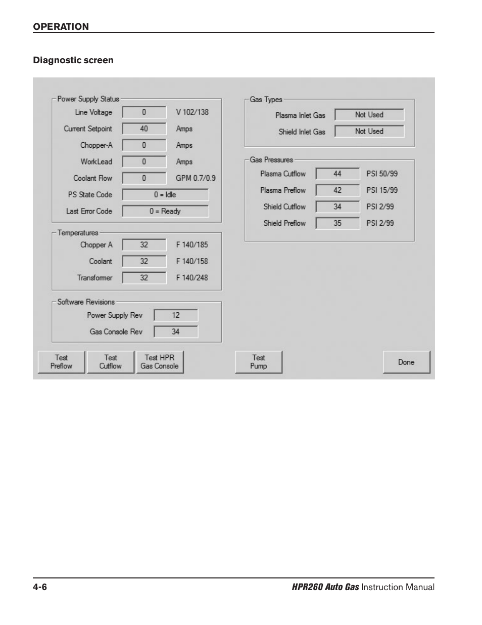 Diagnostic screen -6 | Hypertherm HPR260 Manual Gas Preventive Maintenance Program Rev.5 User Manual | Page 100 / 317