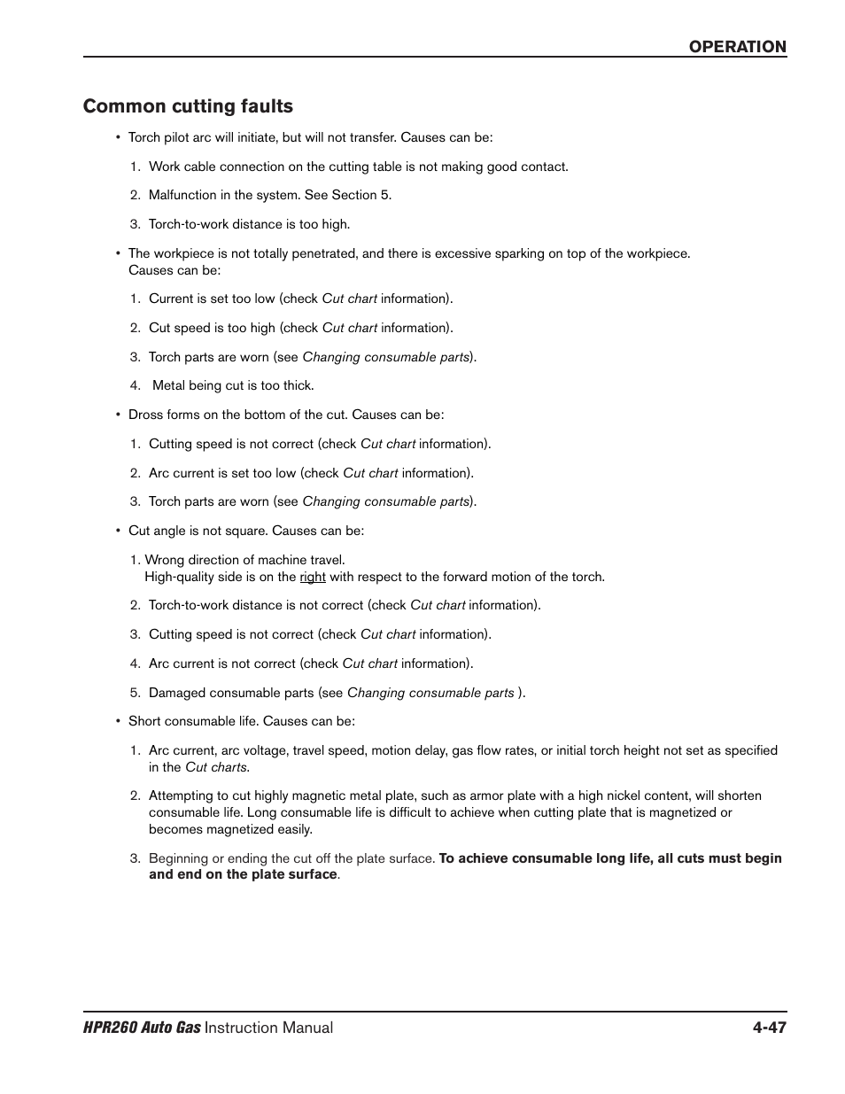 Common cutting faults -47, Common cutting faults | Hypertherm HPR260 Manual Gas Preventive Maintenance Program Rev.5 User Manual | Page 141 / 317