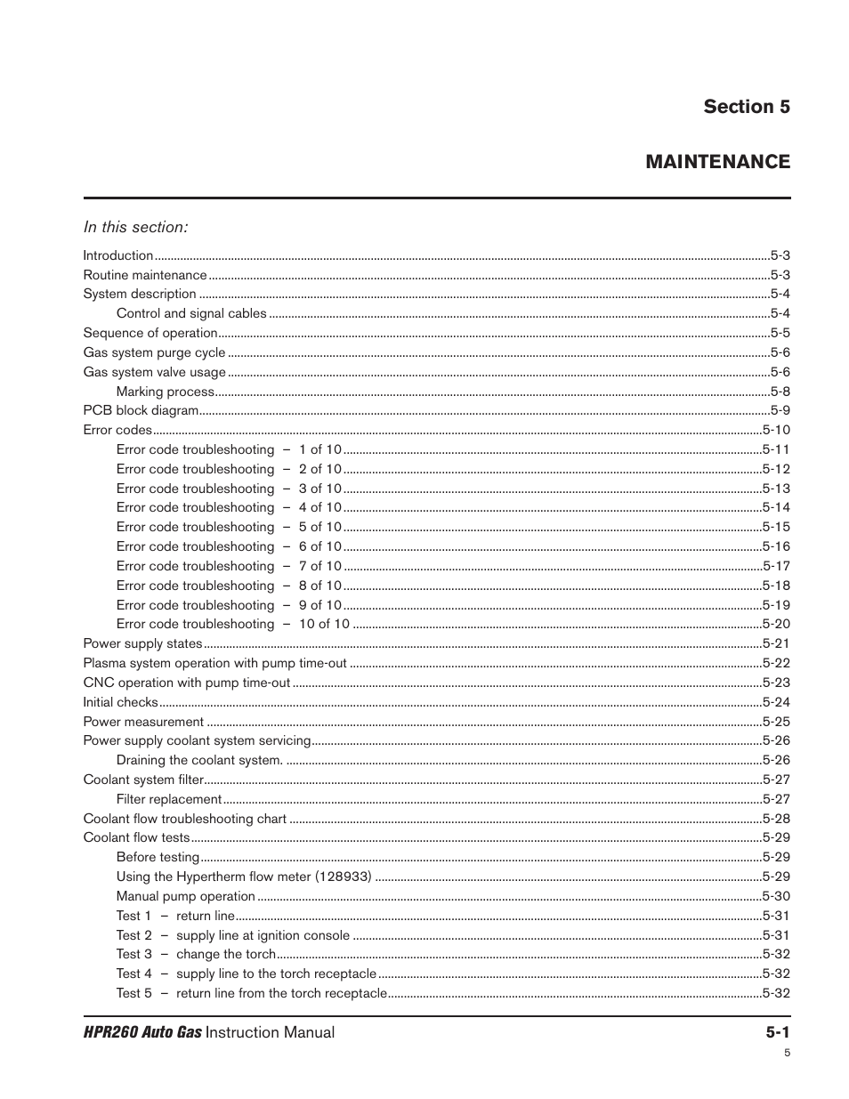 Section 5 maintenance, Section 5 maintenance -1 | Hypertherm HPR260 Manual Gas Preventive Maintenance Program Rev.5 User Manual | Page 145 / 317