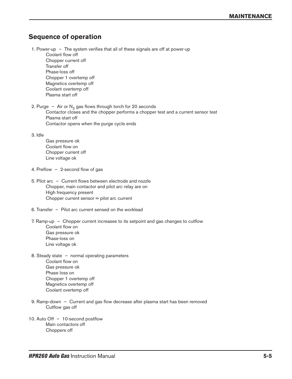 Sequence of operation -5, Sequence of operation | Hypertherm HPR260 Manual Gas Preventive Maintenance Program Rev.5 User Manual | Page 149 / 317