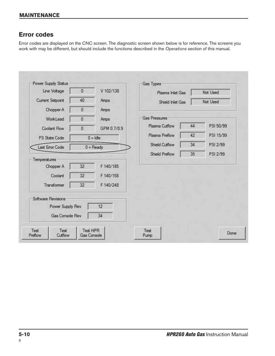 Error codes -10, Error codes | Hypertherm HPR260 Manual Gas Preventive Maintenance Program Rev.5 User Manual | Page 154 / 317