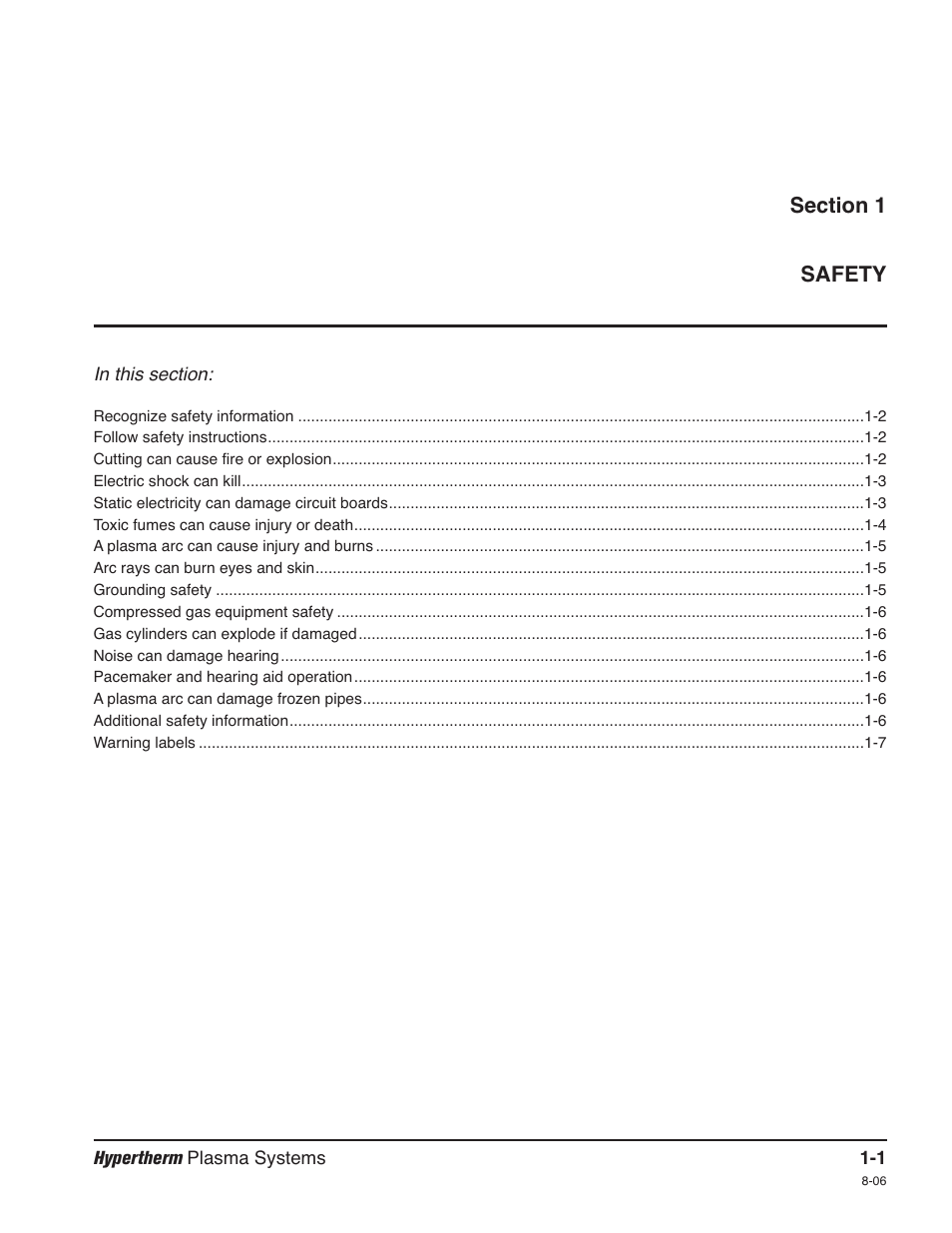 Section 1 safety, Section 1 safety -1 | Hypertherm HPR260 Manual Gas Preventive Maintenance Program Rev.5 User Manual | Page 16 / 317