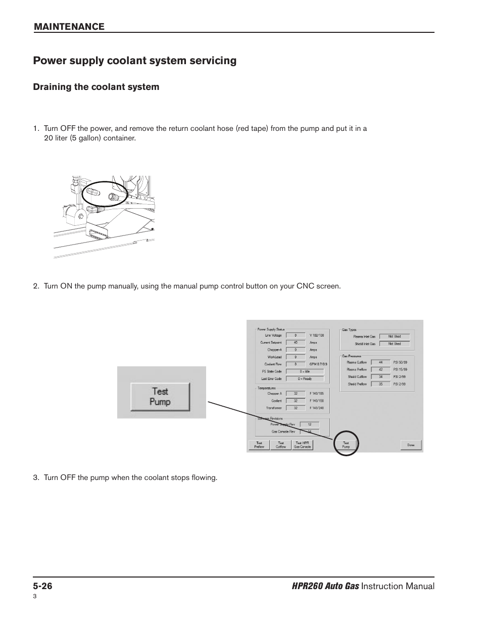 Power supply coolant system servicing -26, Draining the coolant system -26, Power supply coolant system servicing | Hypertherm HPR260 Manual Gas Preventive Maintenance Program Rev.5 User Manual | Page 170 / 317