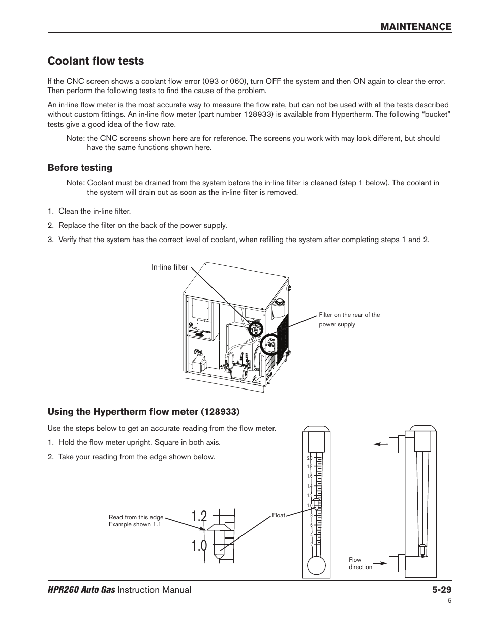 Coolant flow tests -29, Before testing -29, Using the hypertherm flow meter (128933) -29 | Coolant flow tests | Hypertherm HPR260 Manual Gas Preventive Maintenance Program Rev.5 User Manual | Page 173 / 317