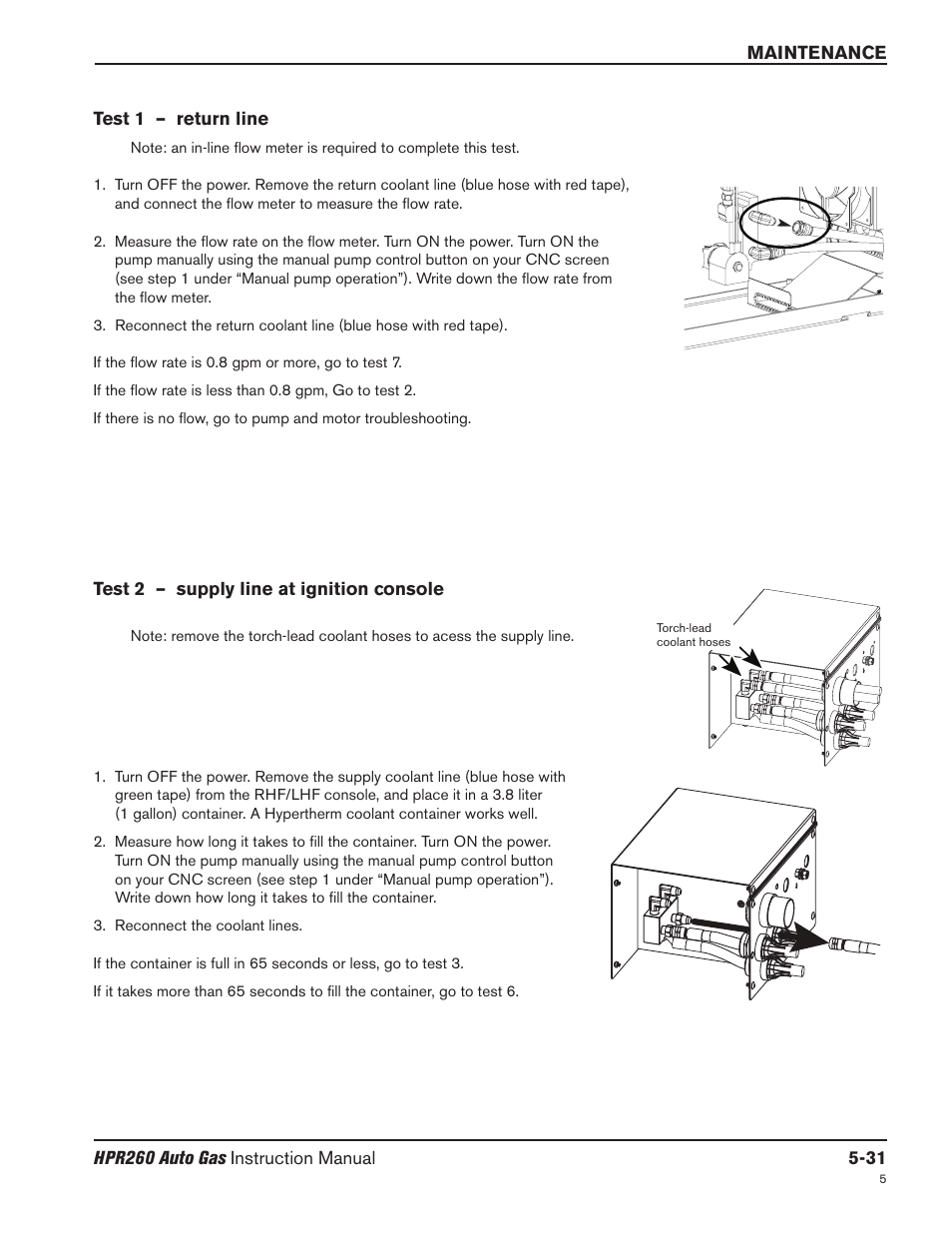 Test 1 – return line -31, Test 2 – supply line at ignition console -31 | Hypertherm HPR260 Manual Gas Preventive Maintenance Program Rev.5 User Manual | Page 175 / 317