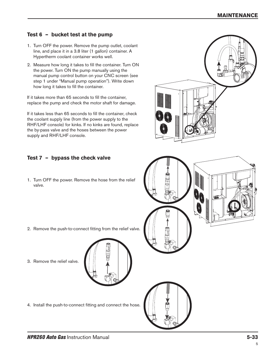 Test 6 – bucket test at the pump -33, Test 7 – bypass the check valve -33 | Hypertherm HPR260 Manual Gas Preventive Maintenance Program Rev.5 User Manual | Page 177 / 317