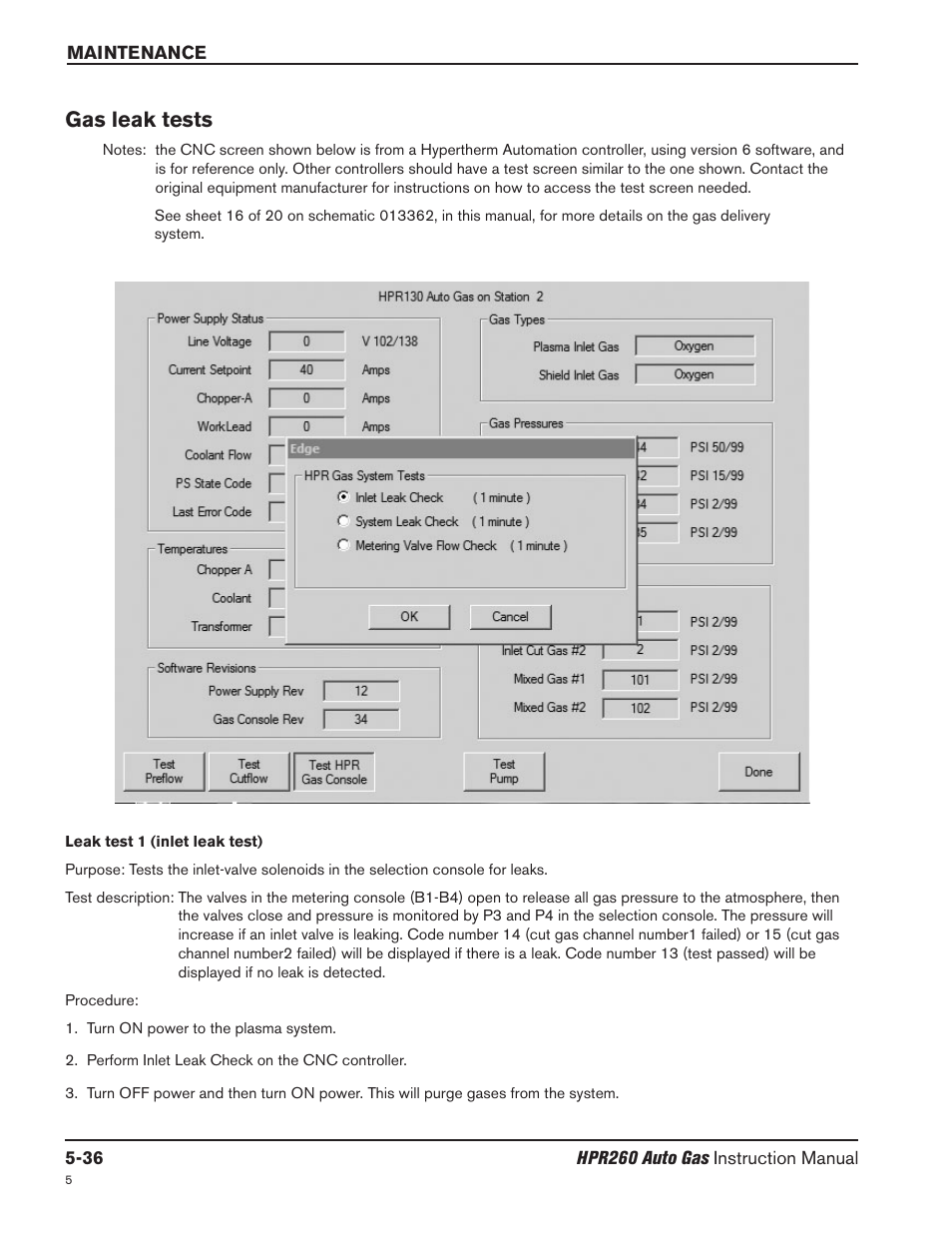 Gas leak tests -36, Gas leak tests | Hypertherm HPR260 Manual Gas Preventive Maintenance Program Rev.5 User Manual | Page 180 / 317