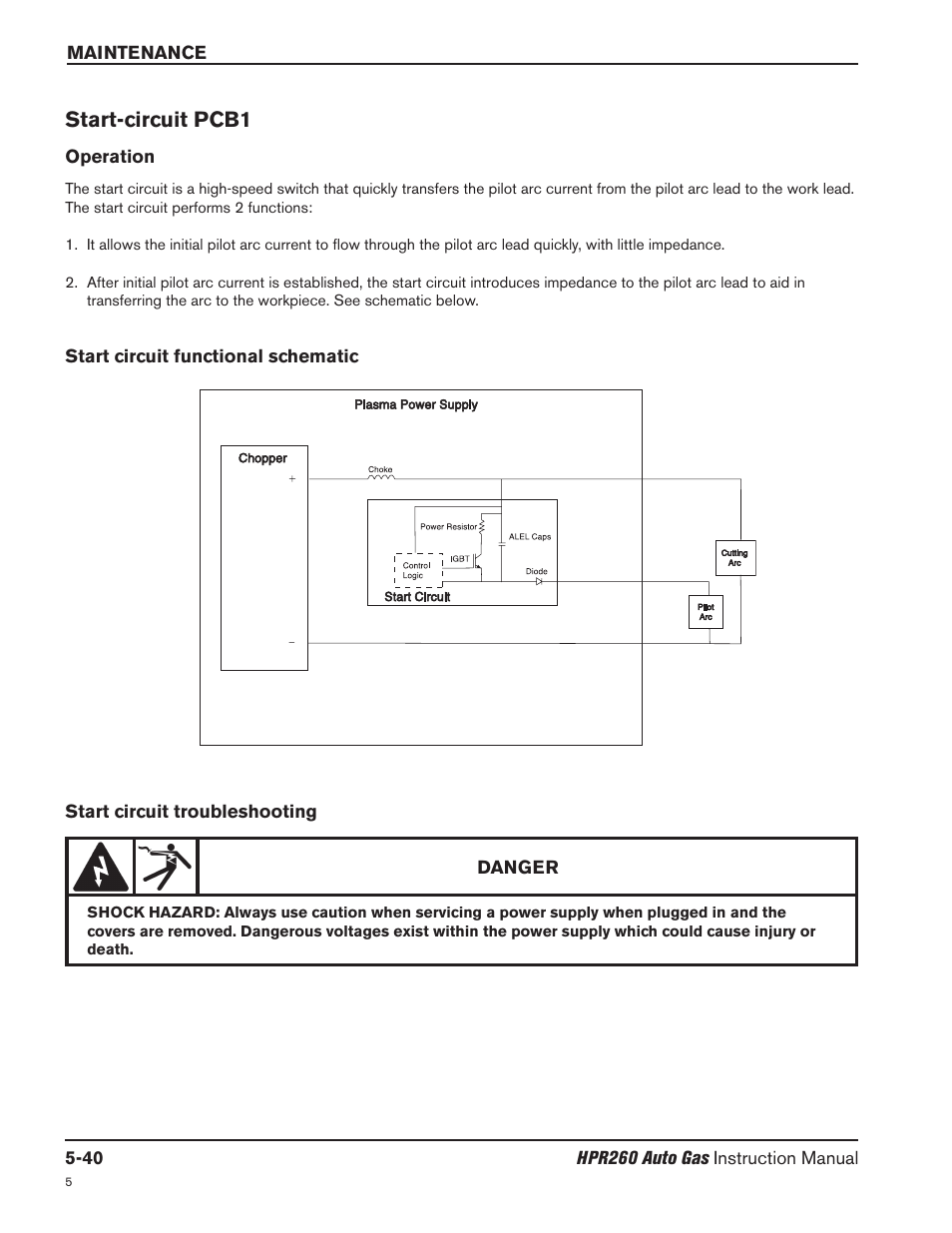 Start circuit pcb1 -40, Operation -40, Start circuit functional schematic -40 | Start circuit troubleshooting -40, Start-circuit pcb1 | Hypertherm HPR260 Manual Gas Preventive Maintenance Program Rev.5 User Manual | Page 184 / 317