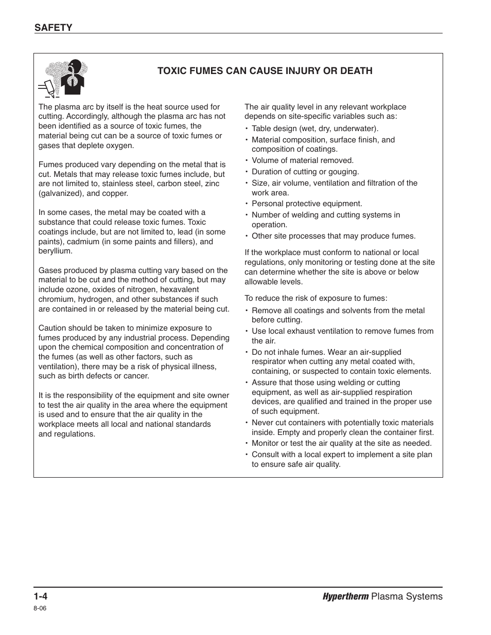 Toxic fumes can cause injury or death -4 | Hypertherm HPR260 Manual Gas Preventive Maintenance Program Rev.5 User Manual | Page 19 / 317