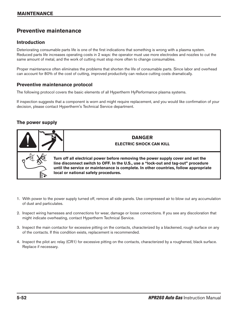 Preventive maintenance -52, Preventive maintenance | Hypertherm HPR260 Manual Gas Preventive Maintenance Program Rev.5 User Manual | Page 196 / 317