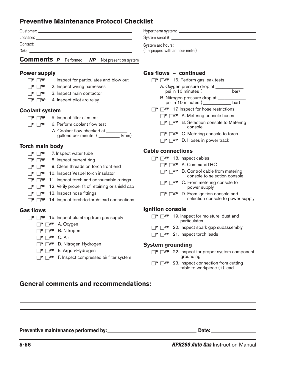 Preventive maintenance protocol checklist, Comments, General comments and recommendations | Cable connections, Ignition console, System grounding, Power supply, Coolant system, Torch main body, Gas flows | Hypertherm HPR260 Manual Gas Preventive Maintenance Program Rev.5 User Manual | Page 200 / 317