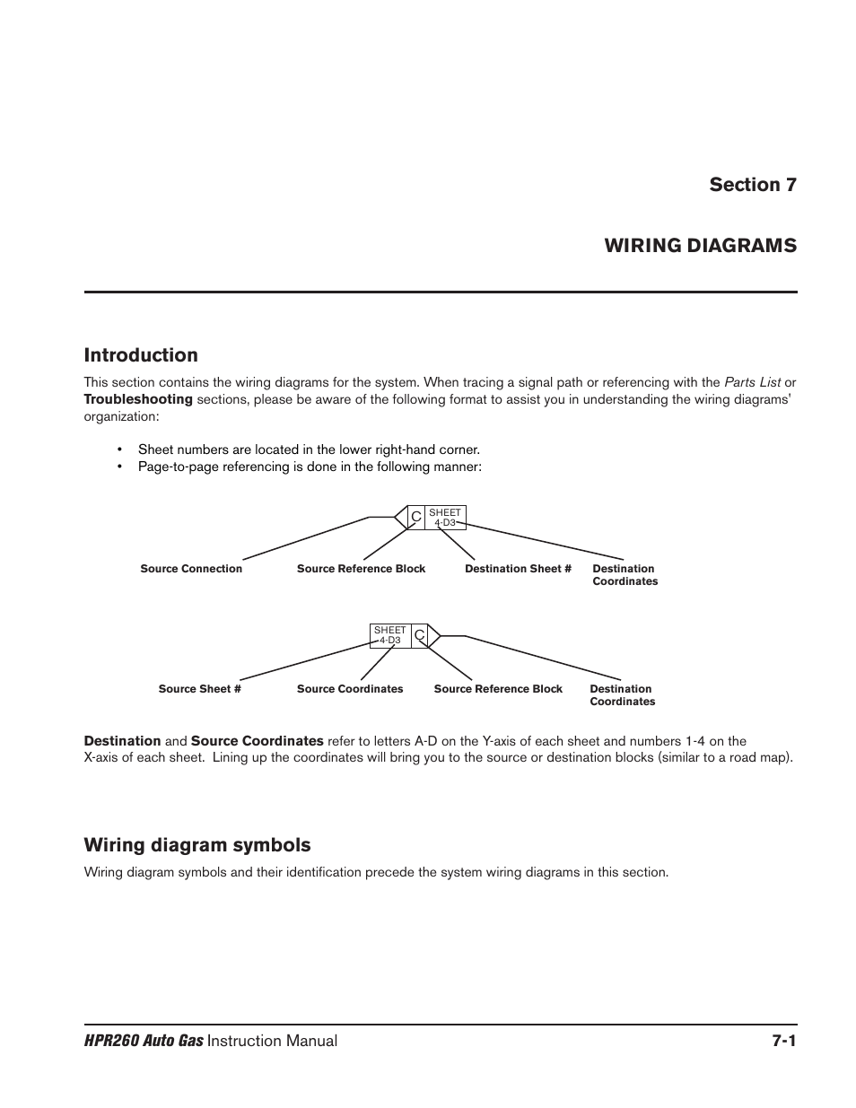 Section 7 wiring diagrams, Section 7 wiring diagrams -1, Introduction -1 | Wiring diagram symbols | Hypertherm HPR260 Manual Gas Preventive Maintenance Program Rev.5 User Manual | Page 216 / 317