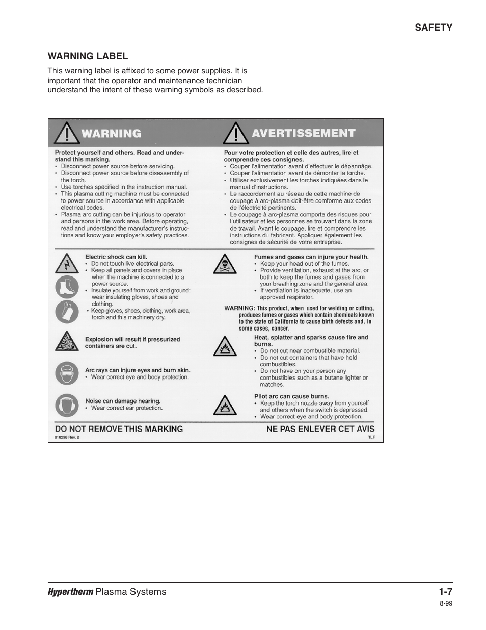 Warning labels -7 | Hypertherm HPR260 Manual Gas Preventive Maintenance Program Rev.5 User Manual | Page 22 / 317