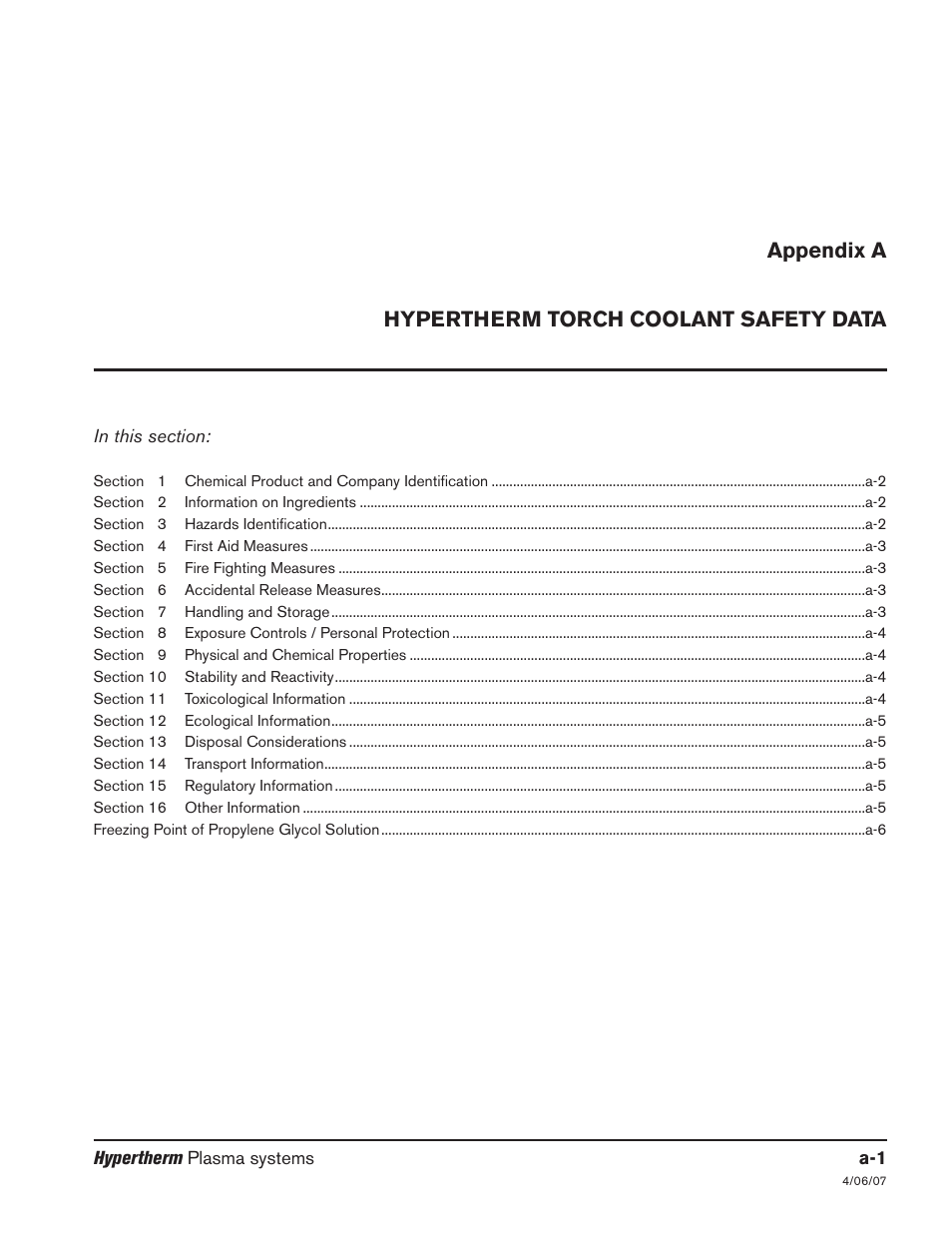 Appendix a hypertherm torch coolant safety data, Appendix a | Hypertherm HPR260 Manual Gas Preventive Maintenance Program Rev.5 User Manual | Page 240 / 317