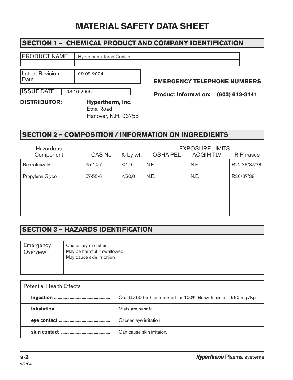 Material safety data sheet | Hypertherm HPR260 Manual Gas Preventive Maintenance Program Rev.5 User Manual | Page 241 / 317