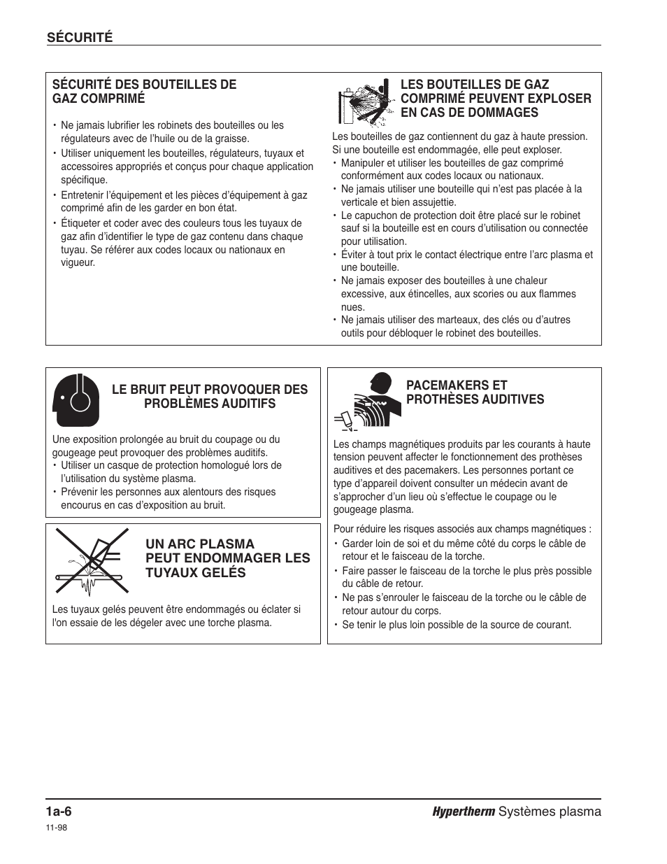 Sécurité des bouteilles de gaz comprimé a-6, Le bruit peut provoquer des problèmes auditifs a-6, Pacemakers et prothèses auditives a-6 | Un arc plasma peut endommager les tuyaux gelés a-6 | Hypertherm HPR260 Manual Gas Preventive Maintenance Program Rev.5 User Manual | Page 29 / 317