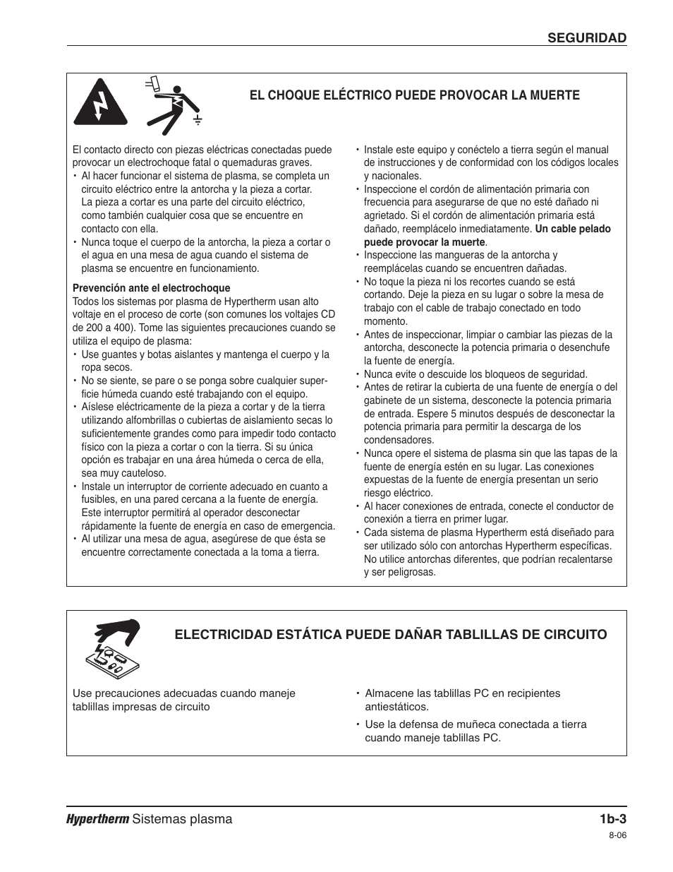 El choque eléctrico puede provocar la muerte b-3 | Hypertherm HPR260 Manual Gas Preventive Maintenance Program Rev.5 User Manual | Page 34 / 317