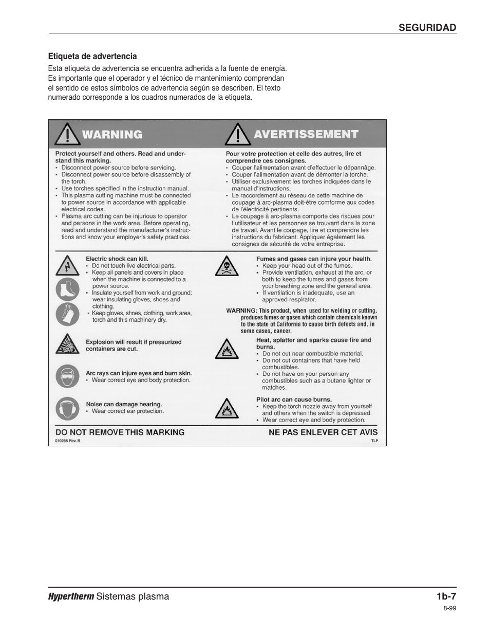 Etiquetas de advertencia b-7 | Hypertherm HPR260 Manual Gas Preventive Maintenance Program Rev.5 User Manual | Page 38 / 317