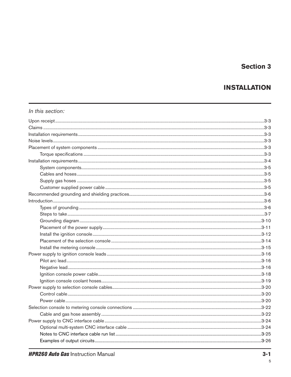 Section 3 installation, Section 3 installation -1 | Hypertherm HPR260 Manual Gas Preventive Maintenance Program Rev.5 User Manual | Page 50 / 317