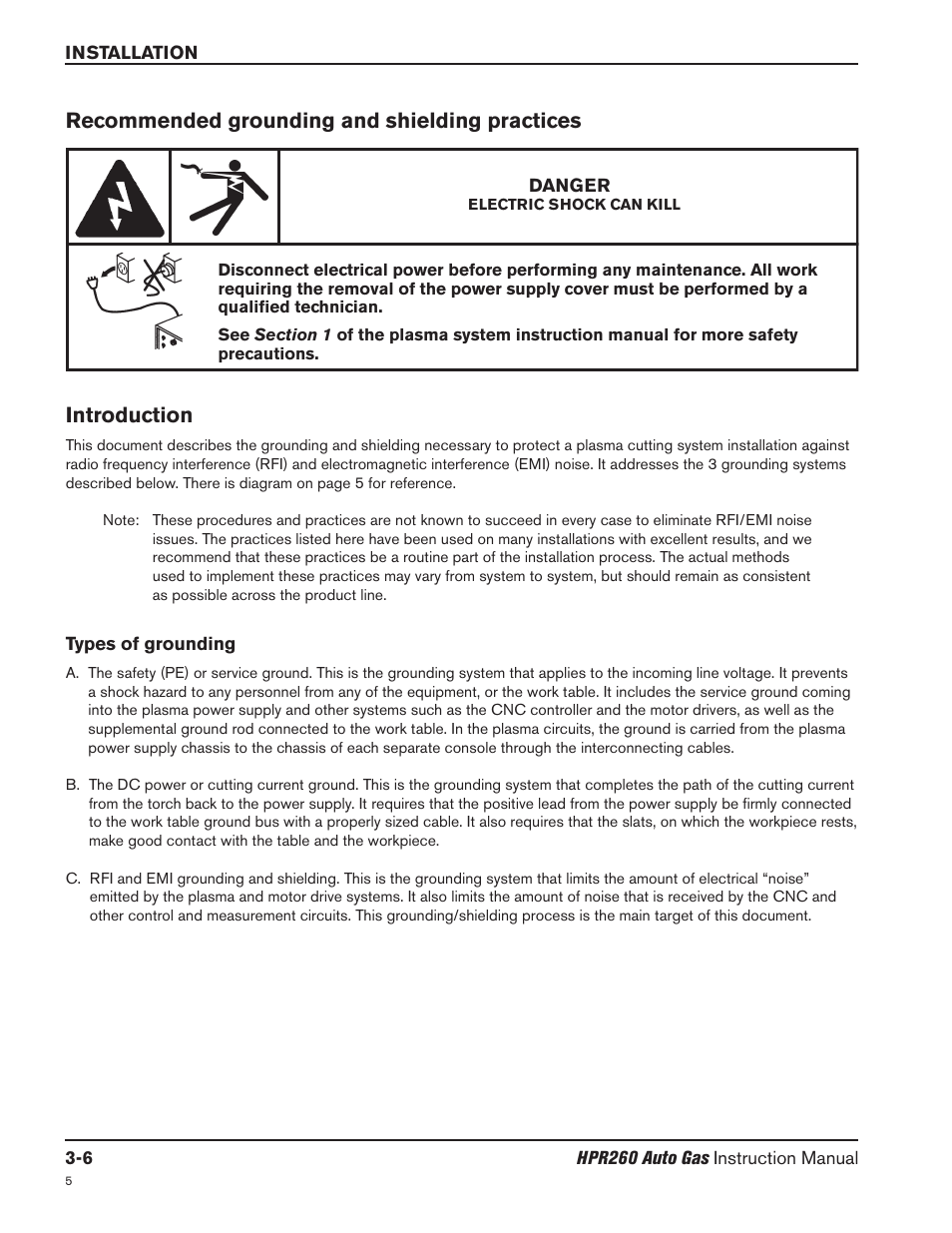 Recommended grounding and shielding practices -6, Introduction -6, Types of grounding -6 | Hypertherm HPR260 Manual Gas Preventive Maintenance Program Rev.5 User Manual | Page 55 / 317