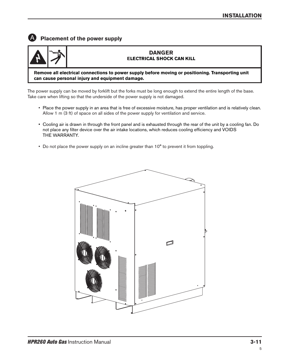 Placement of the power supply -11 | Hypertherm HPR260 Manual Gas Preventive Maintenance Program Rev.5 User Manual | Page 60 / 317