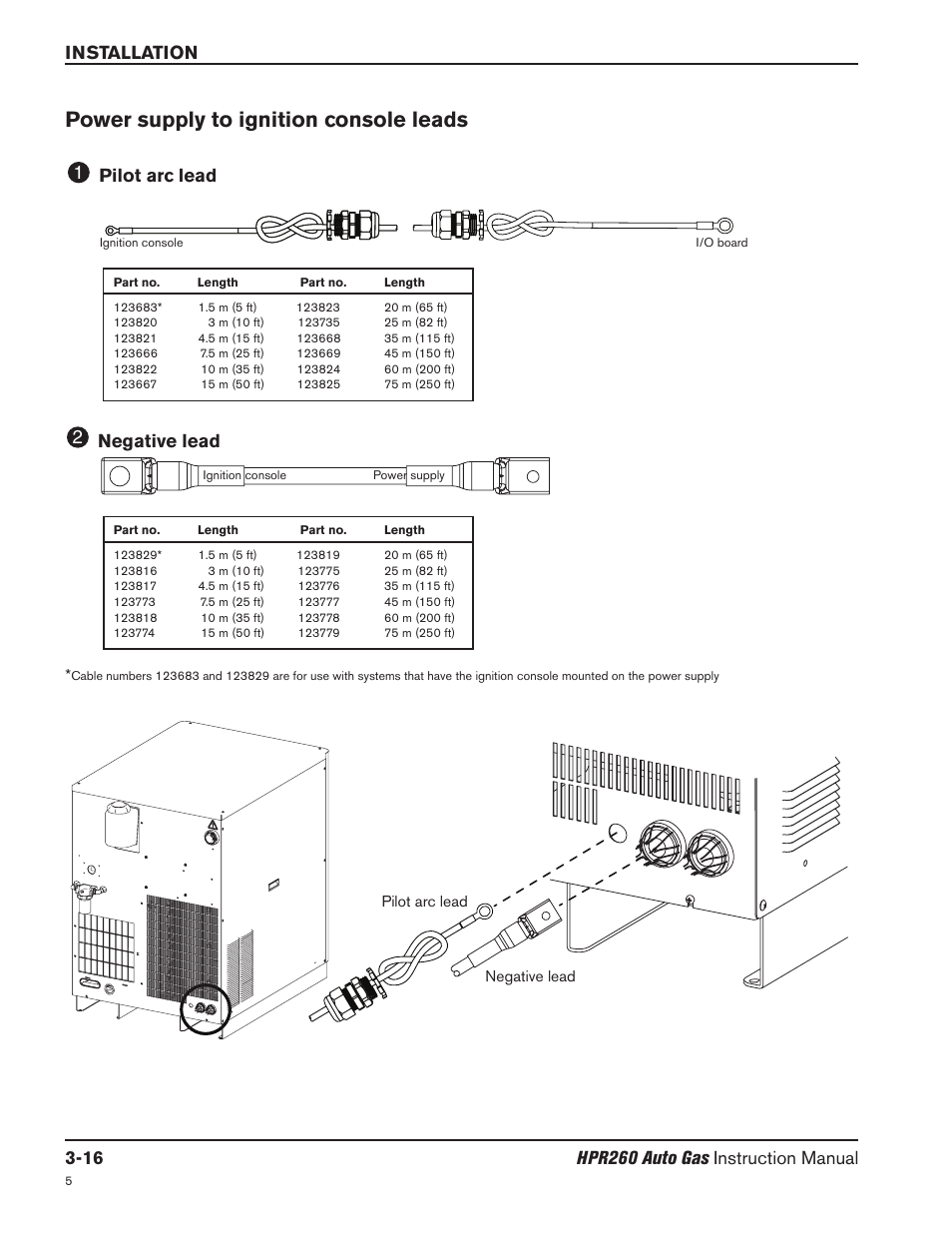 Power supply to ignition console leads -16, Pilot arc lead -16, Negative lead -16 | Power supply to ignition console leads, Pilot arc lead 1 negative lead 2 | Hypertherm HPR260 Manual Gas Preventive Maintenance Program Rev.5 User Manual | Page 65 / 317