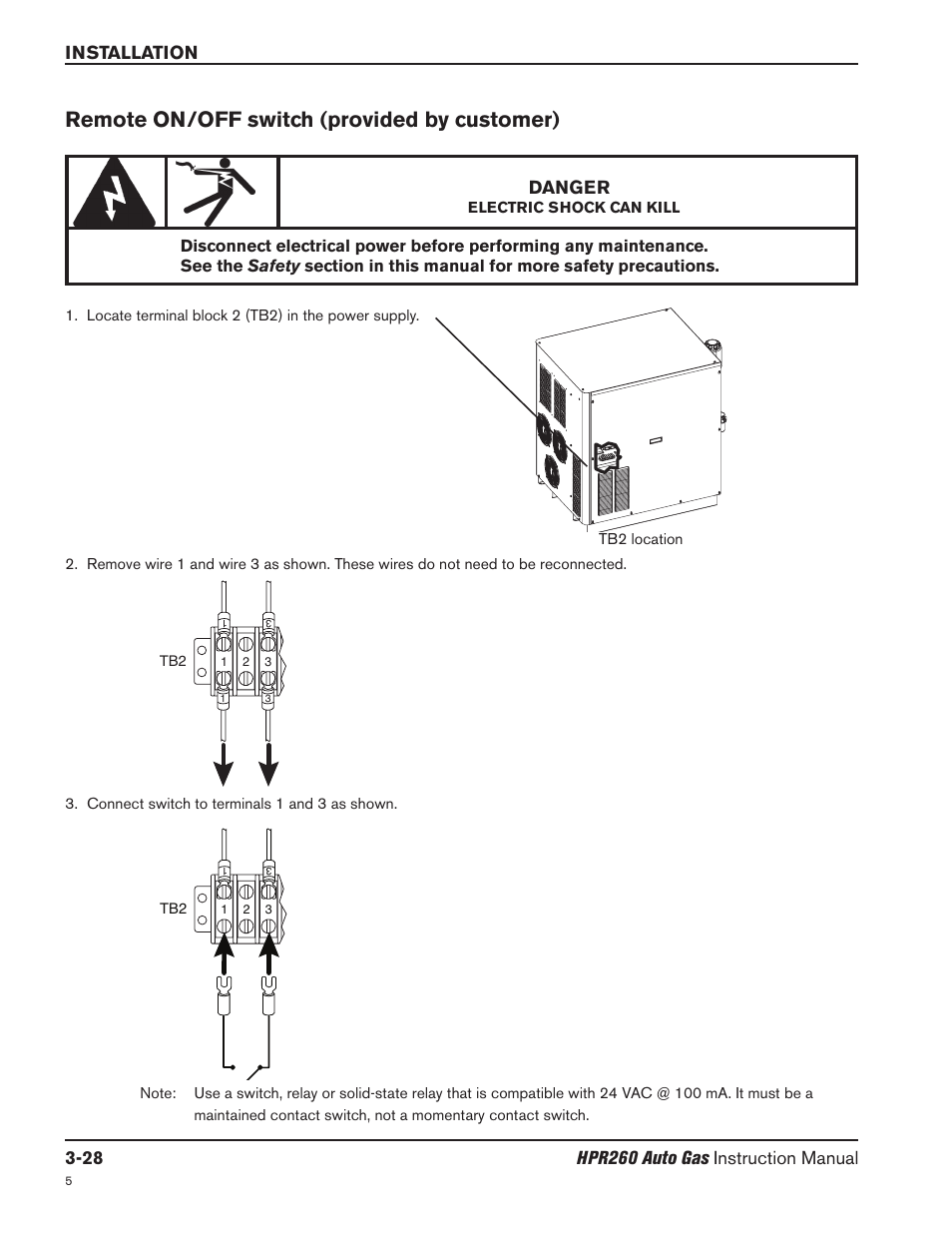 Remote on/off switch -28, Remote on/off switch (provided by customer), Danger | Hypertherm HPR260 Manual Gas Preventive Maintenance Program Rev.5 User Manual | Page 77 / 317