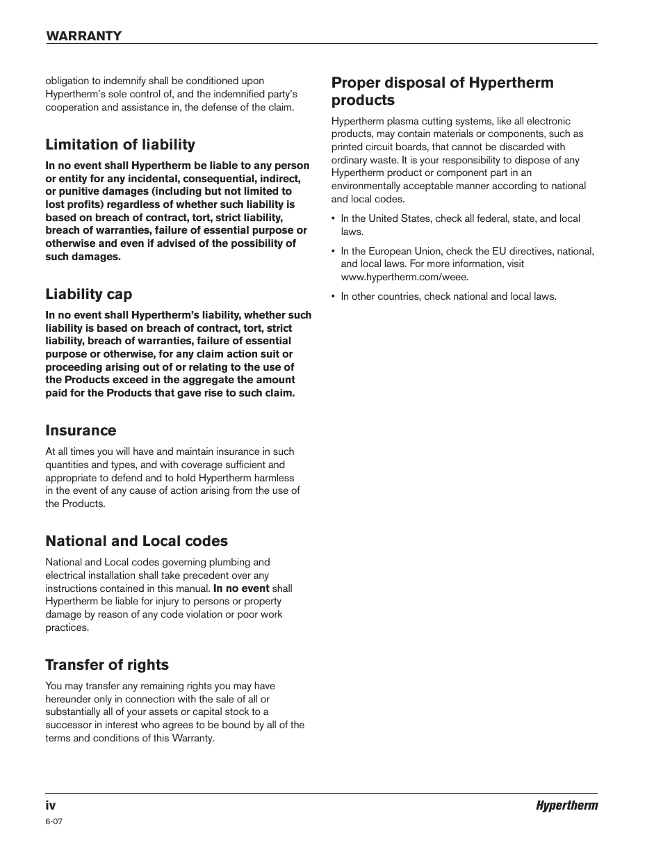 Limitation of liability, Liability cap, Insurance | National and local codes, Transfer of rights, Proper disposal of hypertherm products | Hypertherm HPR260 Manual Gas Preventive Maintenance Program Rev.5 User Manual | Page 8 / 317