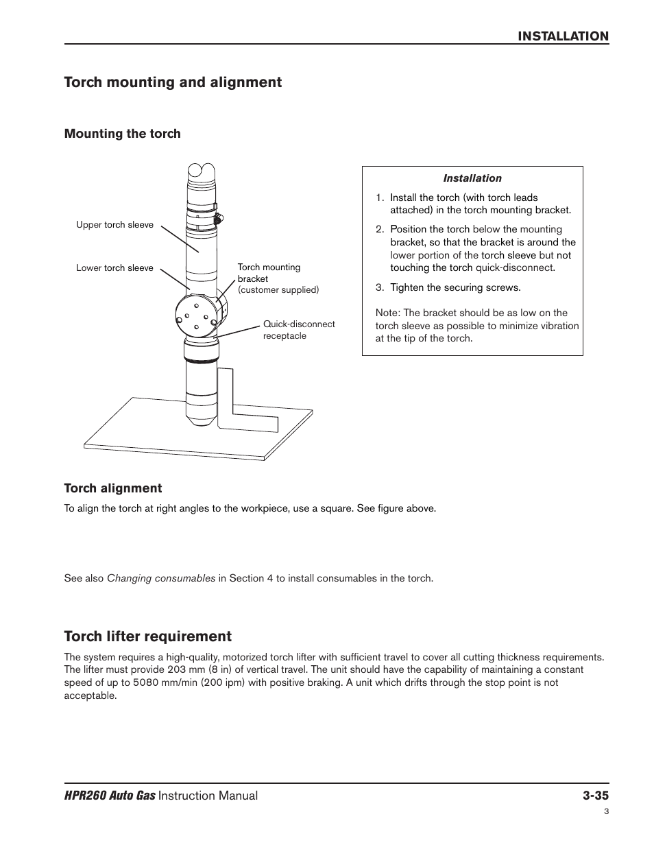 Torch mounting and alignment -35, Mounting the torch -35, Torch alignment -35 | Torch lifter requirement -35, Torch mounting and alignment, Torch lifter requirement | Hypertherm HPR260 Manual Gas Preventive Maintenance Program Rev.5 User Manual | Page 84 / 317