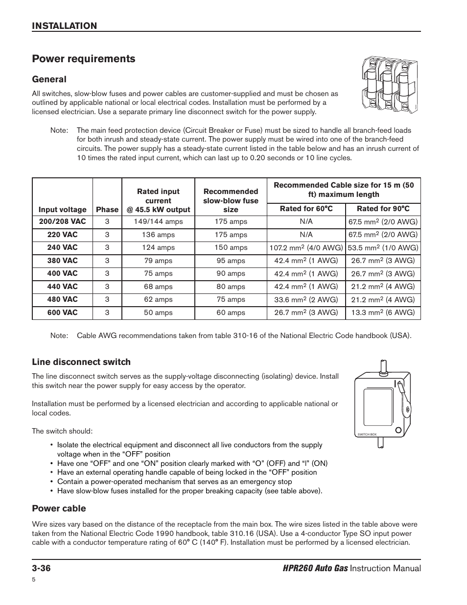 Power requirements -36, General -36, Line disconnect switch -36 | Power cable -36, Power requirements, Line disconnect switch, General, Power cable | Hypertherm HPR260 Manual Gas Preventive Maintenance Program Rev.5 User Manual | Page 85 / 317
