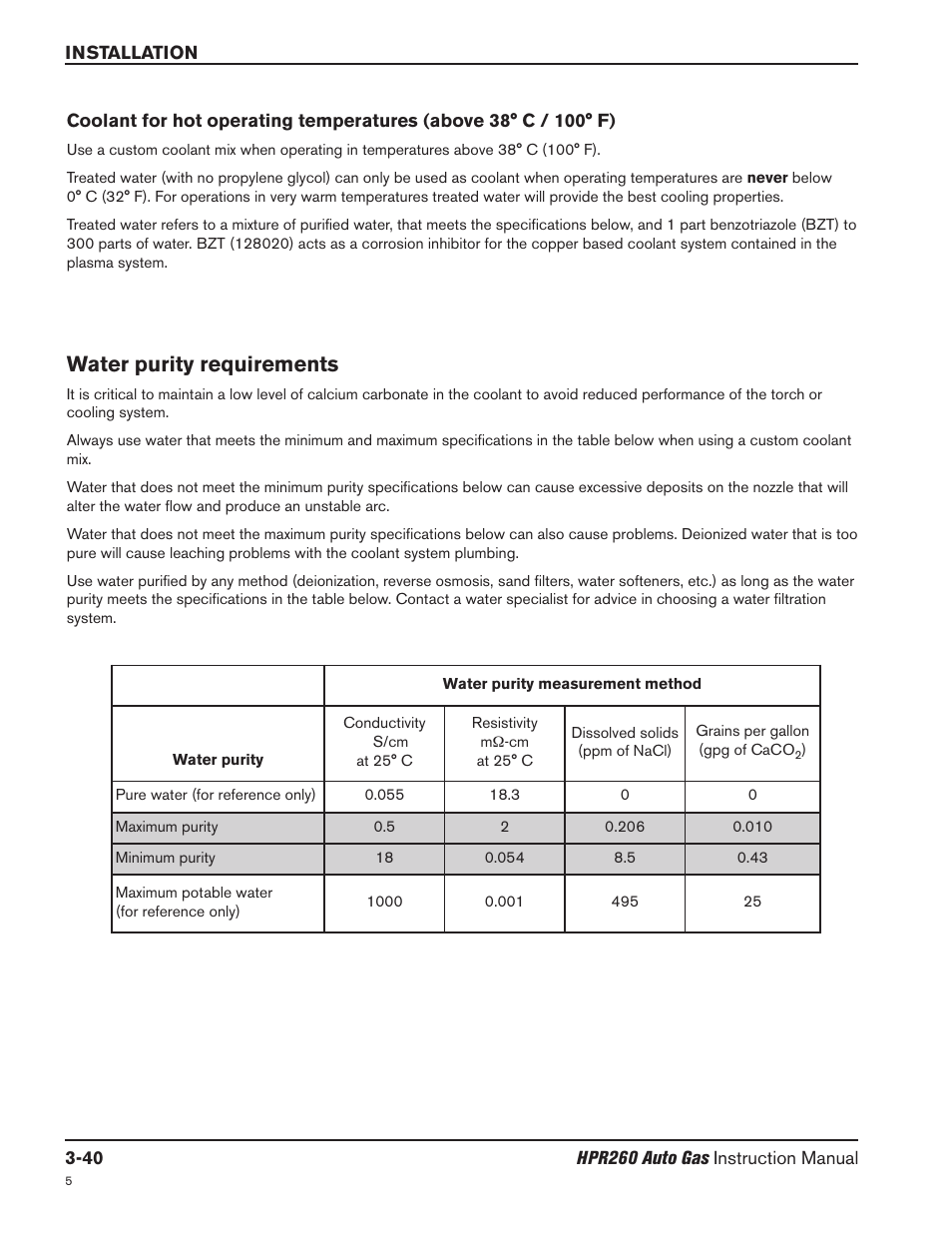 Coolant for hot operating temperatures -40, Water purity requirements -40, Water purity requirements | Hypertherm HPR260 Manual Gas Preventive Maintenance Program Rev.5 User Manual | Page 89 / 317