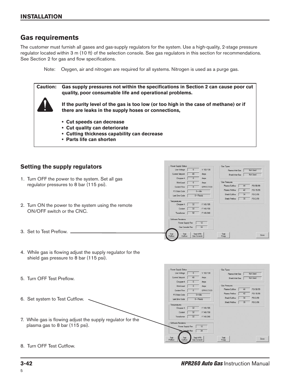 Gas requirements -42, Setting the supply regulators -42, Gas requirements | Hypertherm HPR260 Manual Gas Preventive Maintenance Program Rev.5 User Manual | Page 91 / 317