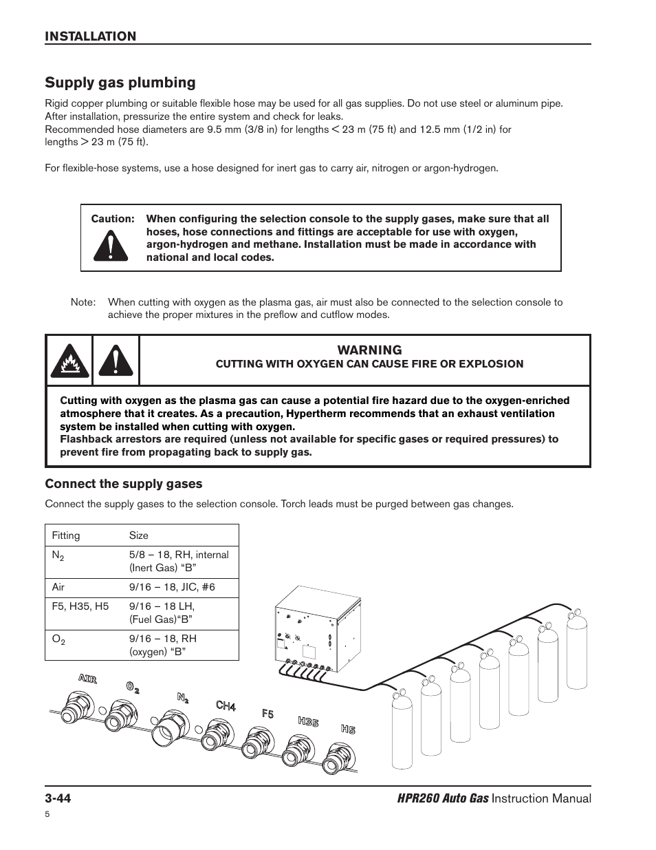 Supply gas plumbing -44, Connect the supply gases -44, Supply gas plumbing | Hypertherm HPR260 Manual Gas Preventive Maintenance Program Rev.5 User Manual | Page 93 / 317