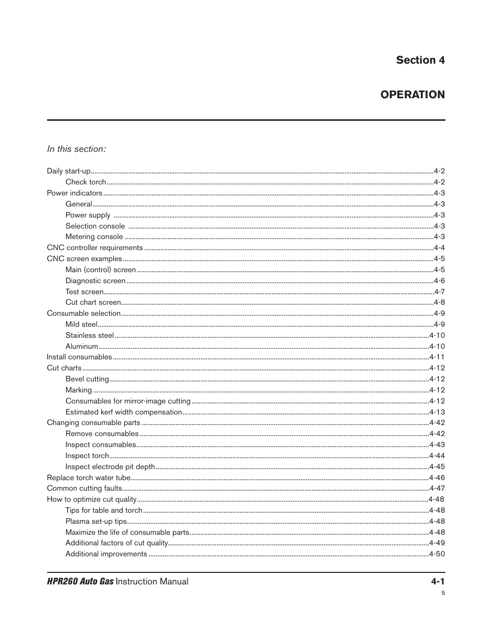 Section 4 operation, Section 4 operation -1 | Hypertherm HPR260 Manual Gas Preventive Maintenance Program Rev.5 User Manual | Page 95 / 317