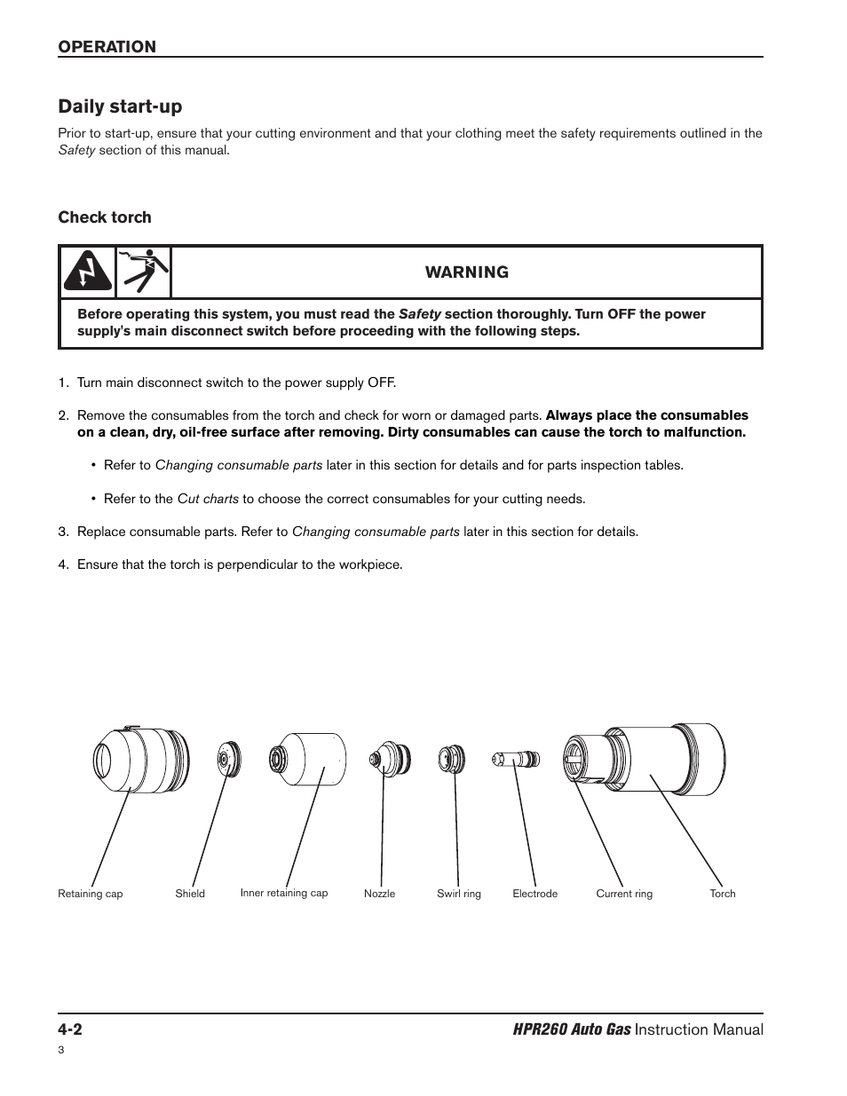 Daily start-up -2, Check torch -2, Daily start-up | Hypertherm HPR260 Manual Gas Preventive Maintenance Program Rev.5 User Manual | Page 96 / 317