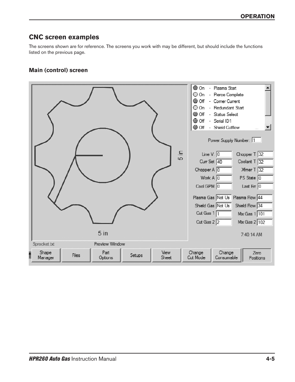 Cnc screen examples -5, Main (control) screen -5 | Hypertherm HPR260 Manual Gas Preventive Maintenance Program Rev.5 User Manual | Page 99 / 317