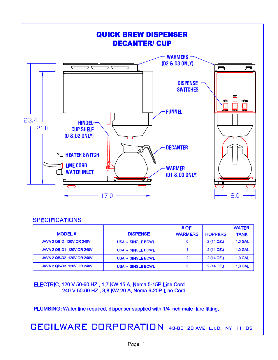 Cecilware JAVA 2-QB-D User Manual | Page 2 / 15