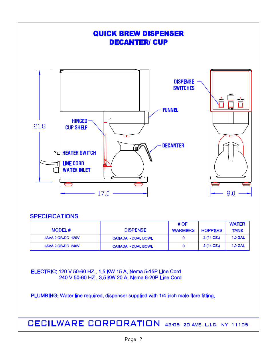 Cecilware JAVA 2-QB-D User Manual | Page 3 / 15
