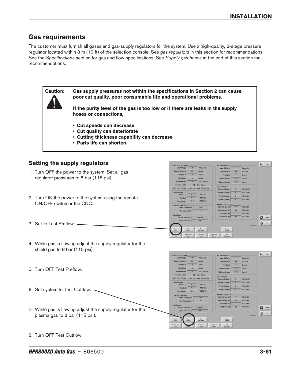 Gas requirements, Setting the supply regulators, Gas requirements -61 | Setting the supply regulators -61 | Hypertherm HPR800XD Auto Gas Rev.2 User Manual | Page 101 / 368