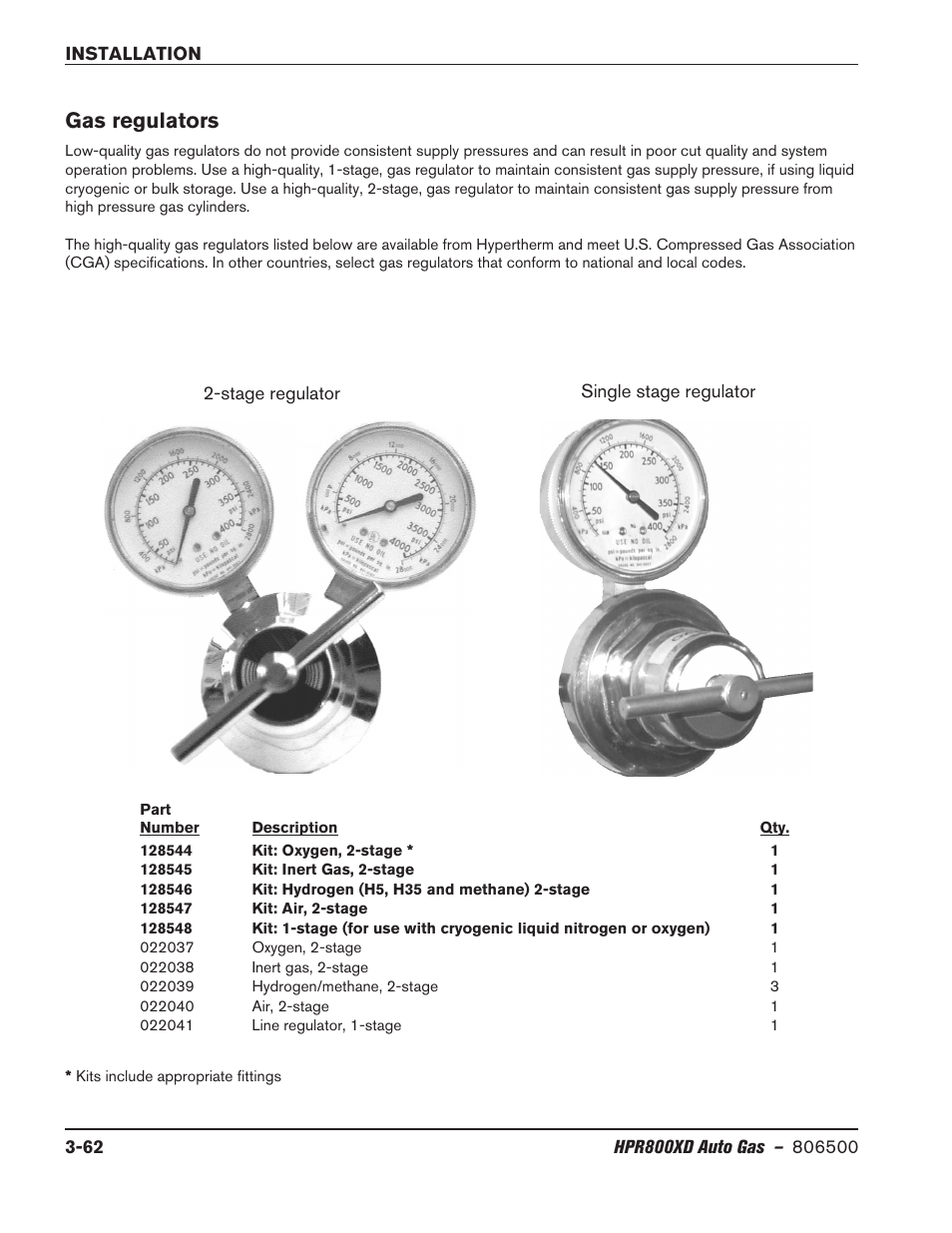 Gas regulators, Gas regulators -62 | Hypertherm HPR800XD Auto Gas Rev.2 User Manual | Page 102 / 368