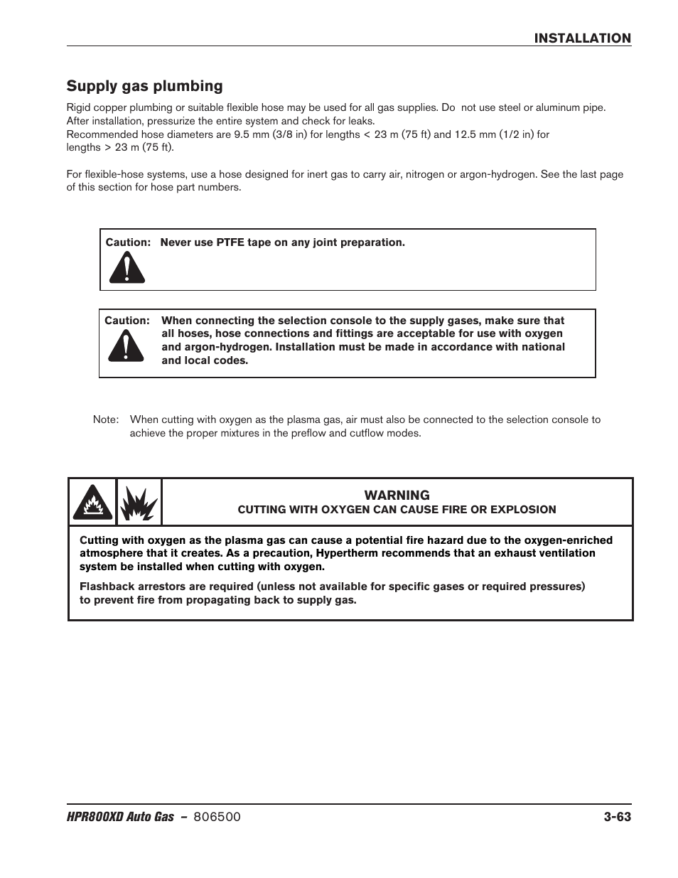 Supply gas plumbing, Supply gas plumbing -63 | Hypertherm HPR800XD Auto Gas Rev.2 User Manual | Page 103 / 368