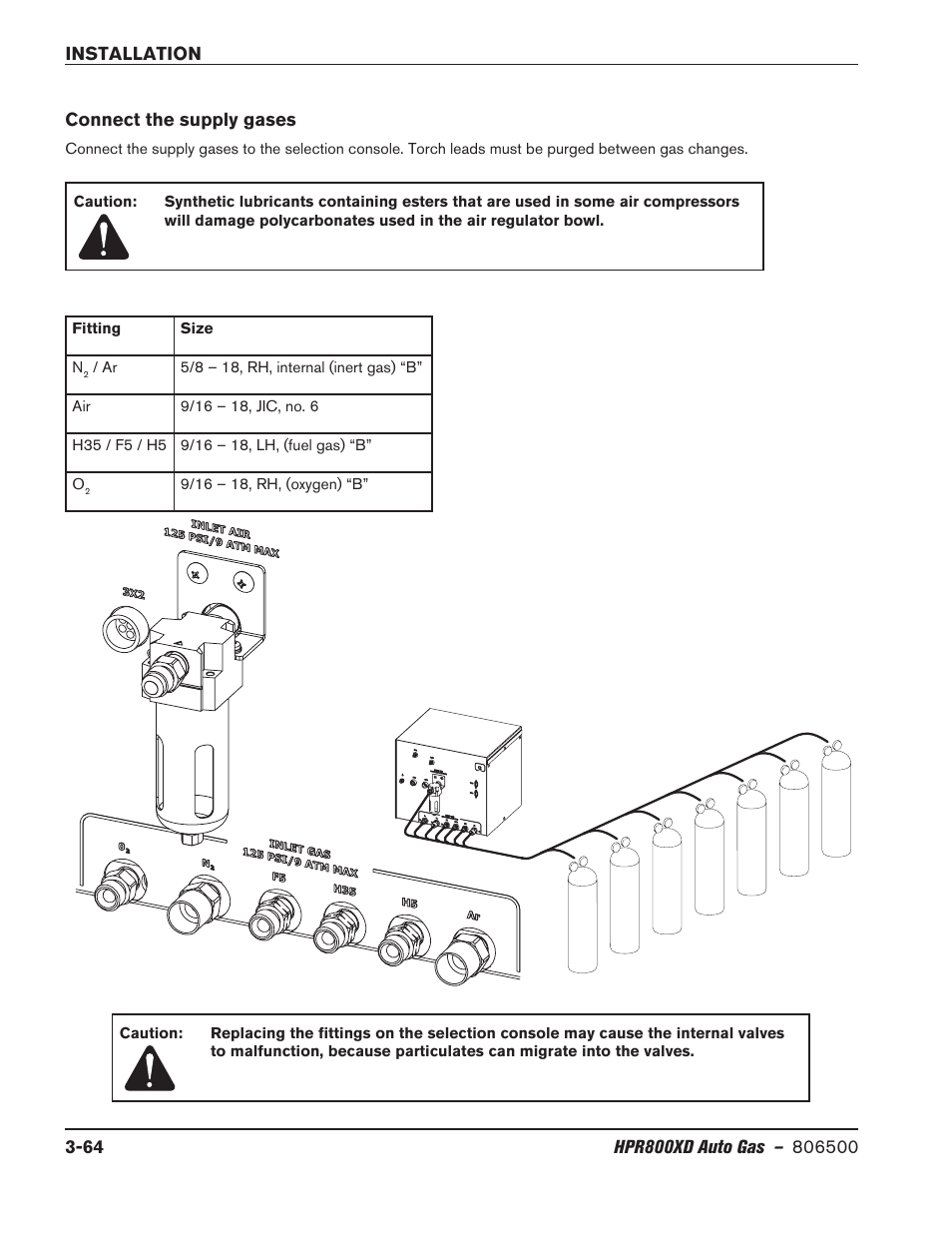 Connect the supply gases, Connect the supply gases -64 | Hypertherm HPR800XD Auto Gas Rev.2 User Manual | Page 104 / 368