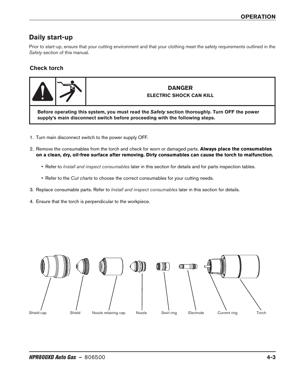 Daily start-up, Check torch, Daily start-up -3 | Check torch -3 | Hypertherm HPR800XD Auto Gas Rev.2 User Manual | Page 109 / 368