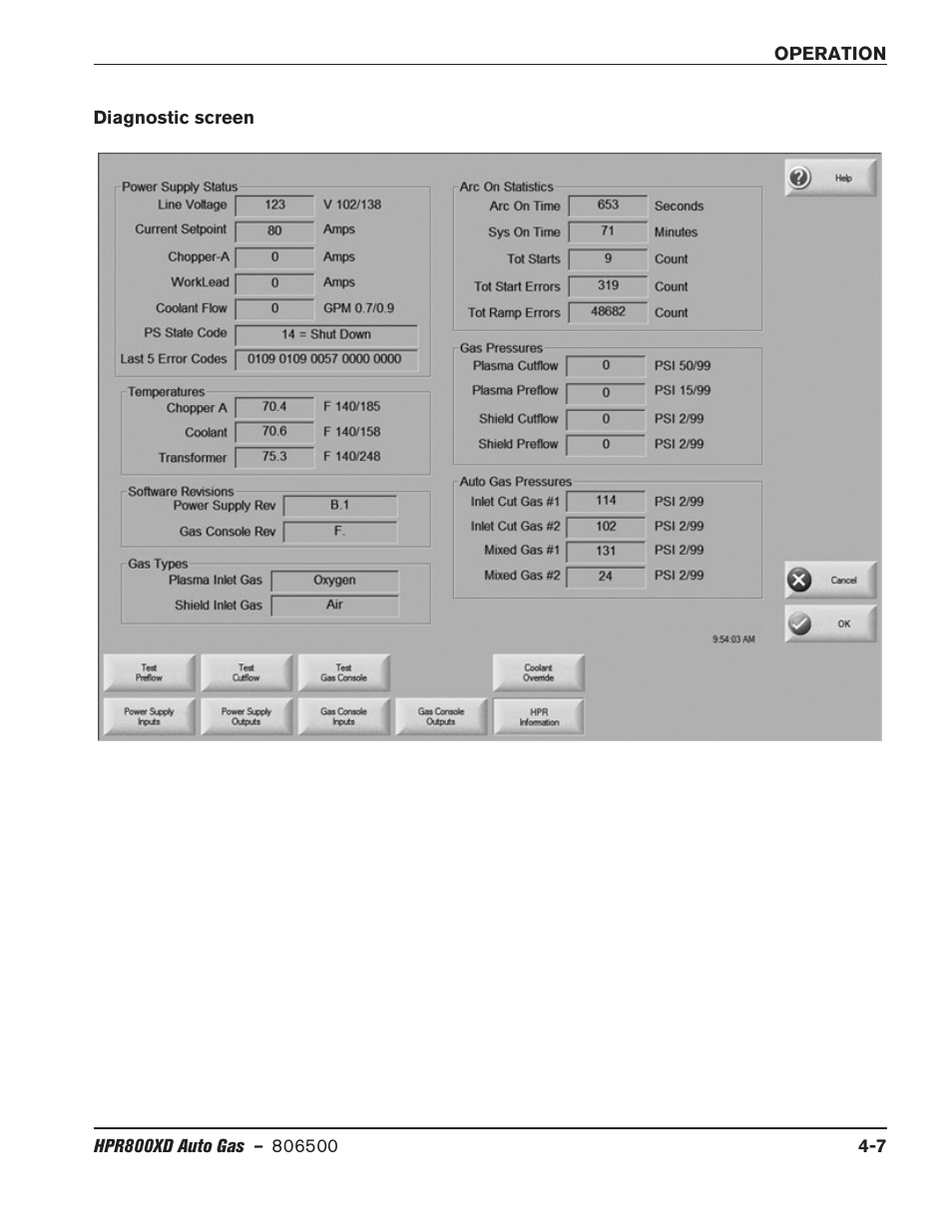 Diagnostic screen, Diagnostic screen -7 | Hypertherm HPR800XD Auto Gas Rev.2 User Manual | Page 113 / 368