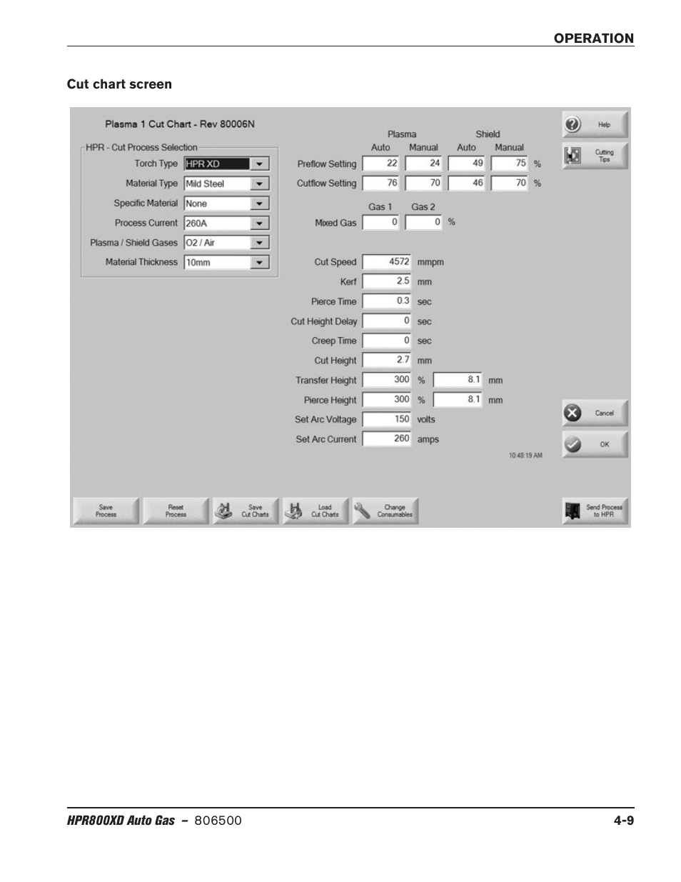 Cut chart screen, Cut chart screen -9 | Hypertherm HPR800XD Auto Gas Rev.2 User Manual | Page 115 / 368