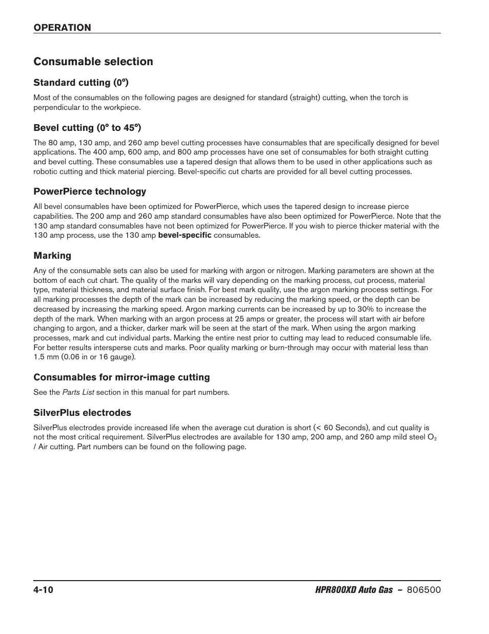 Consumable selection, Standard cutting (0°), Bevel cutting (0° to 45°) | Powerpierce technology, Marking, Consumables for mirror-image cutting, Silverplus electrodes, Consumable selection -10 | Hypertherm HPR800XD Auto Gas Rev.2 User Manual | Page 116 / 368