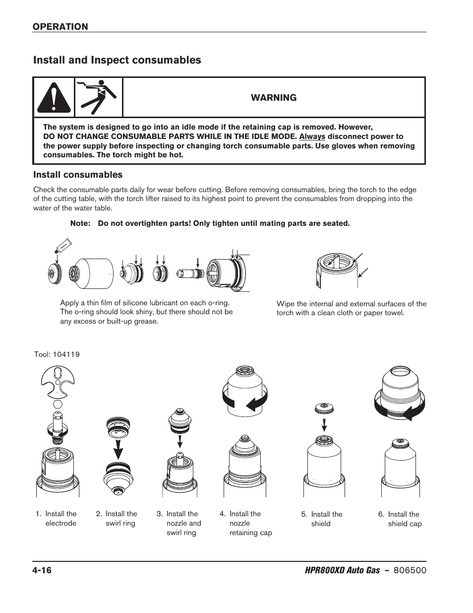 Install and inspect consumables, Install and inspect consumables -16 | Hypertherm HPR800XD Auto Gas Rev.2 User Manual | Page 122 / 368