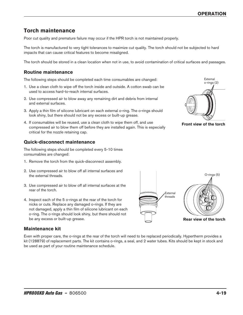 Torch maintenance, Routine maintenance, Quick-disconnect maintenance | Maintenance kit, Torch maintenance -19 | Hypertherm HPR800XD Auto Gas Rev.2 User Manual | Page 125 / 368