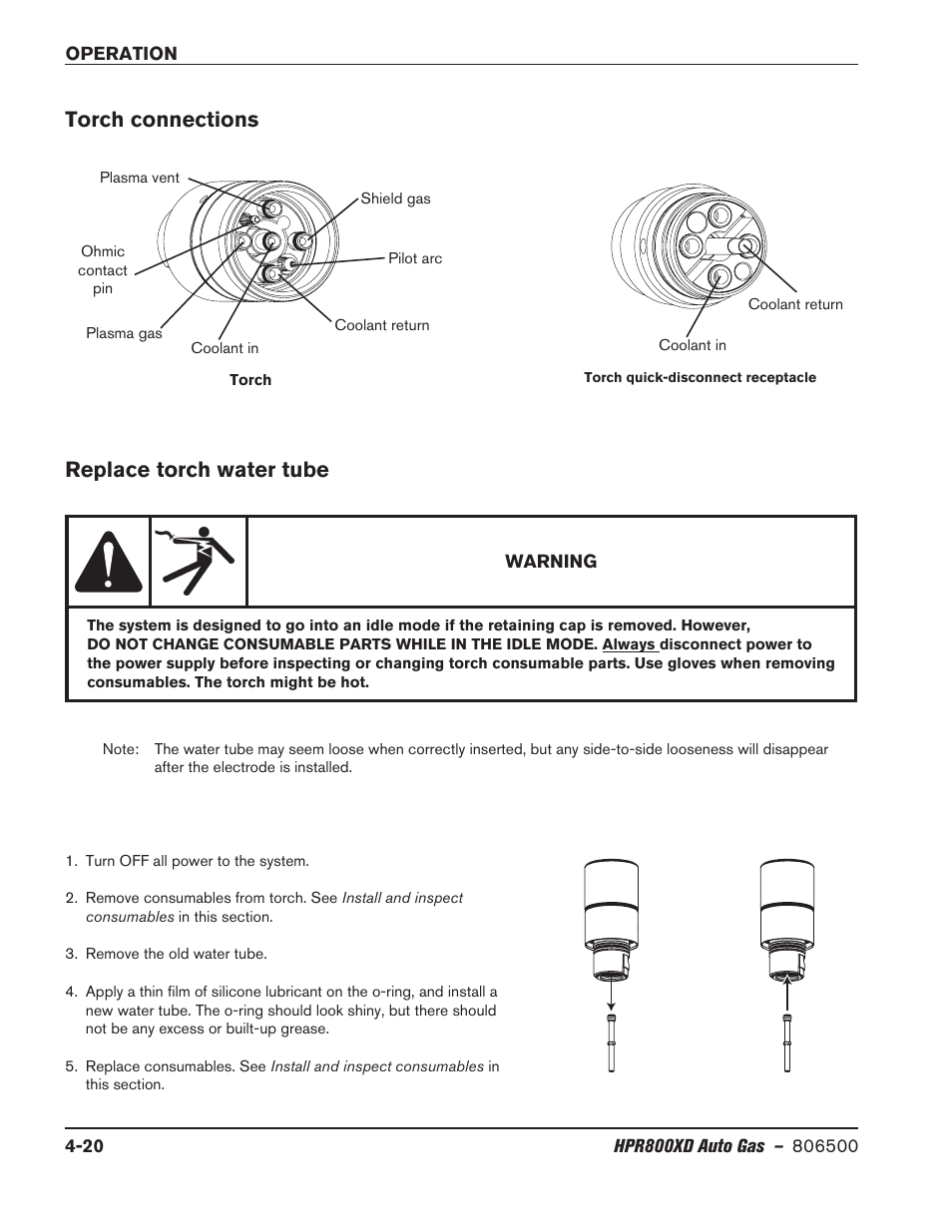 Torch connections, Replace torch water tube, Torch connections -20 replace torch water tube -20 | Replace torch water tube torch connections | Hypertherm HPR800XD Auto Gas Rev.2 User Manual | Page 126 / 368